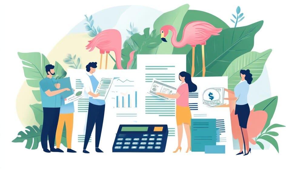 A team of diverse professionals collaborates around a table, reviewing financial data on a laptop and printed documents.