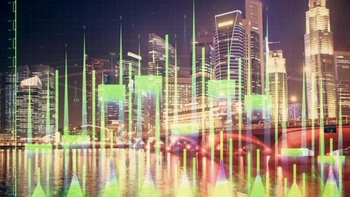 Financial chart overlaid on a cityscape with tall buildings, illustrating an analysis concept.