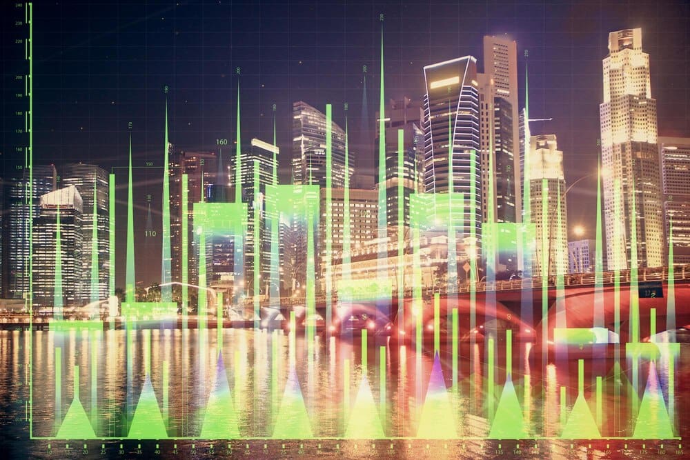 Financial chart overlaid on a cityscape with tall buildings, illustrating an analysis concept.