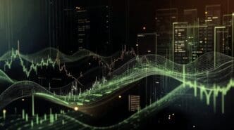 Stock market charts and a futuristic interface are displayed in a financial data visualization.