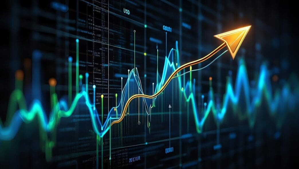 A financial growth chart with an upward-pointing arrow illustrates stock market success against a dark backdrop.