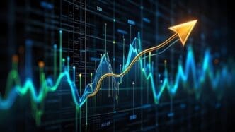 A financial growth chart with an upward-pointing arrow illustrates stock market success against a dark backdrop.