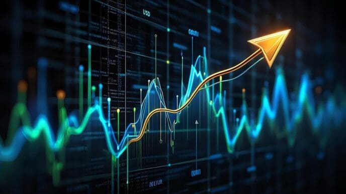 A financial growth chart with an upward-pointing arrow illustrates stock market success against a dark backdrop.