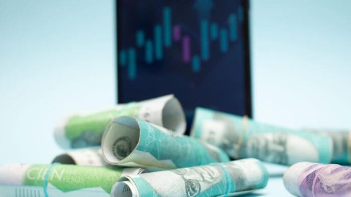 Smartphone displaying a stock chart and rolled currency, symbolizing financial growth.