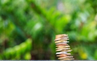 Coins falling onto a green, natural background, illustrating financial risk.