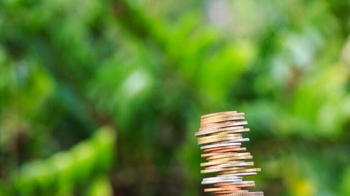 Coins falling onto a green, natural background, illustrating financial risk.