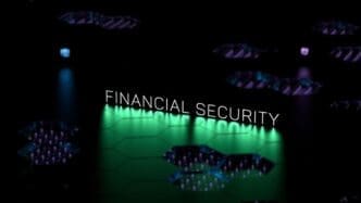 A glowing, three-dimensional inscription reads "FINANCIAL SECURITY" against a dark background.