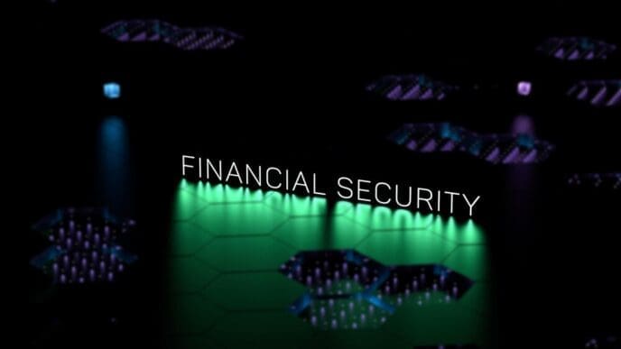 A glowing, three-dimensional inscription reads "FINANCIAL SECURITY" against a dark background.