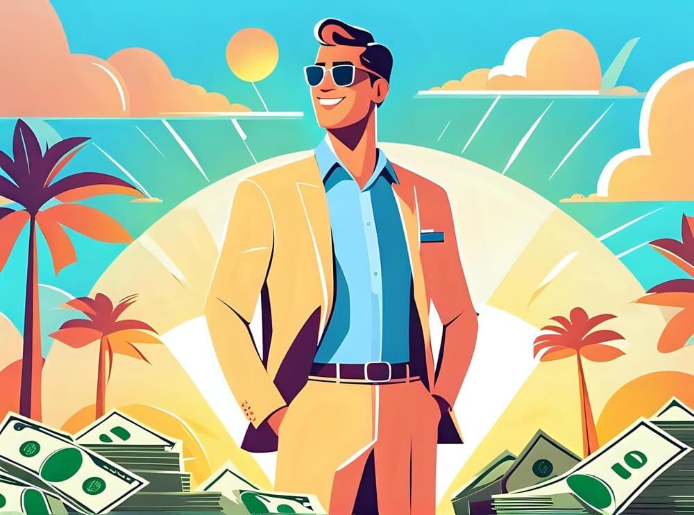 A stack of US dollar bills represents financial success.