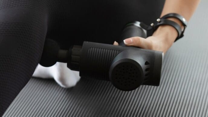 A woman massages her glutes with a percussive massage gun.