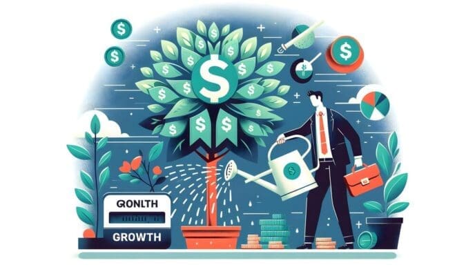 Illustration of a flat, abstract money tree and watering can with "Wealth Growth" text.
