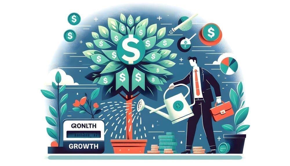 Illustration of a flat, abstract money tree and watering can with "Wealth Growth" text.