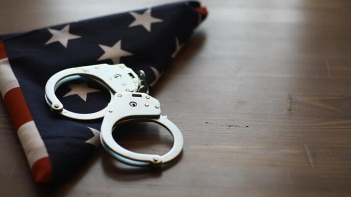 An American flag is folded and placed next to a pair of handcuffs on a wooden table, representing the intersection of law and patriotism.