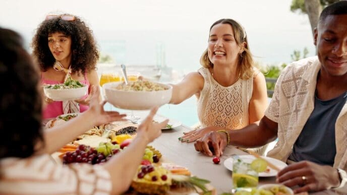 People of diverse backgrounds enjoy a festive outdoor lunch party in a backyard, celebrating a public holiday.