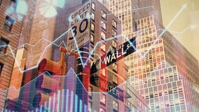 Forex chart overlaid on a cityscape with tall buildings, representing financial research.