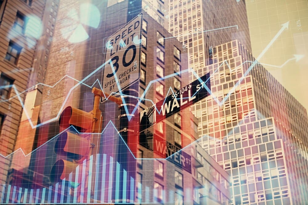 Forex chart overlaid on a cityscape with tall buildings, representing financial research.