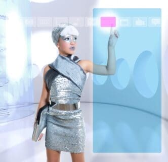 A young girl with silver skin and futuristic clothing touches a glowing finger, with empty space to the right.