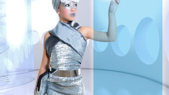 A young girl with silver skin and futuristic clothing touches a glowing finger, with empty space to the right.
