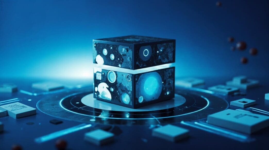 A glowing neon cube levitates in a futuristic setting.