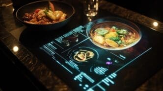 A dining table is set with glowing, transparent dishware in a futuristic, minimalist dining room.