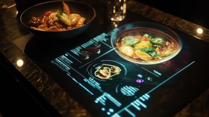 A dining table is set with glowing, transparent dishware in a futuristic, minimalist dining room.