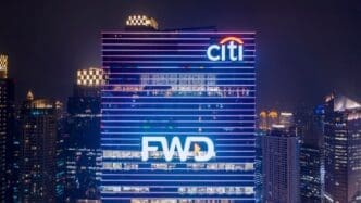 The FWD office building in Jakarta is illuminated at night.