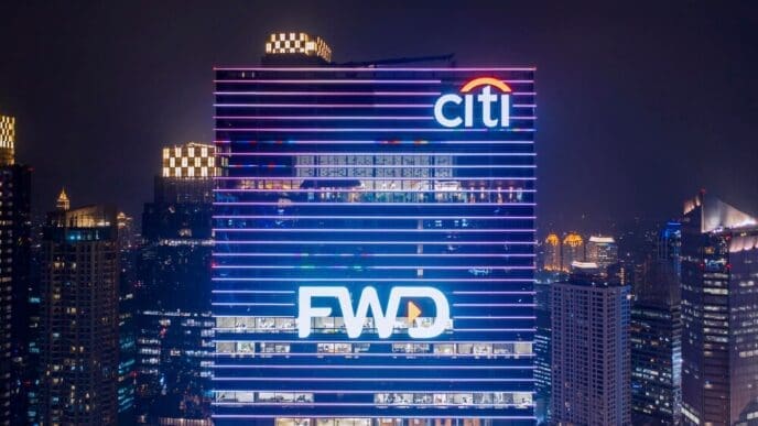 The FWD office building in Jakarta is illuminated at night.