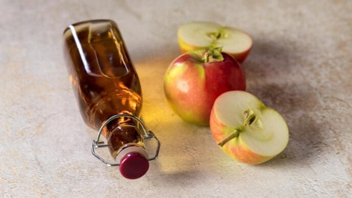 A glass bottle of apple vinegar and a fresh apple rest on a concrete surface, evoking a harvest theme.