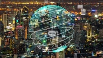 A stylized graphic depicts a globe connected by a network of lines, representing the internet and data flow in a smart city context.