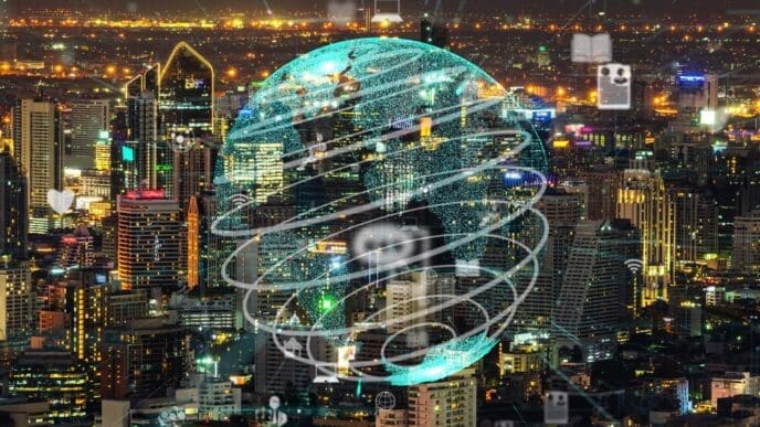 A stylized graphic depicts a globe connected by a network of lines, representing the internet and data flow in a smart city context.