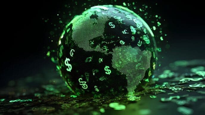 A glowing globe overlaid with dollar signs represents the global financial economy and international business.