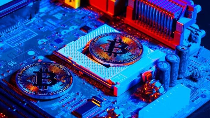 Golden bitcoin and computer chip on a black background.