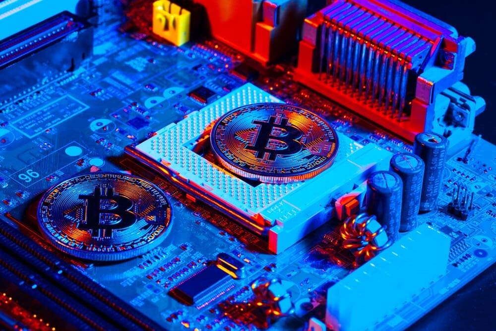 Golden bitcoin and computer chip on a black background.