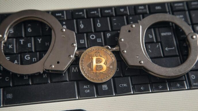 A gold bitcoin sits next to a pair of handcuffs, representing virtual currency.