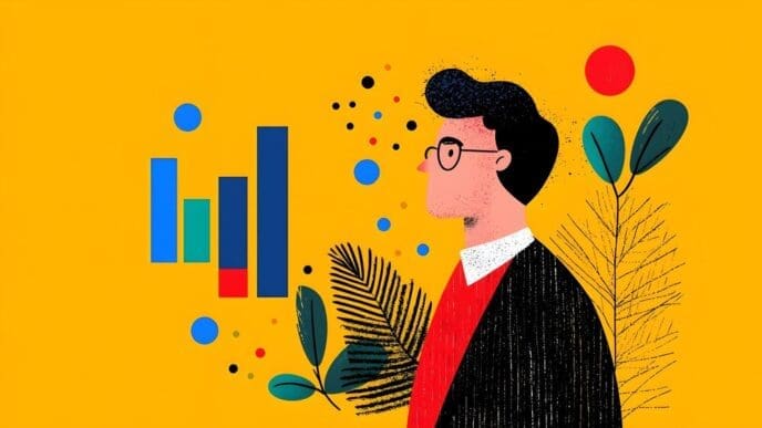 Illustration of a businessman with a chart and foliage elements.