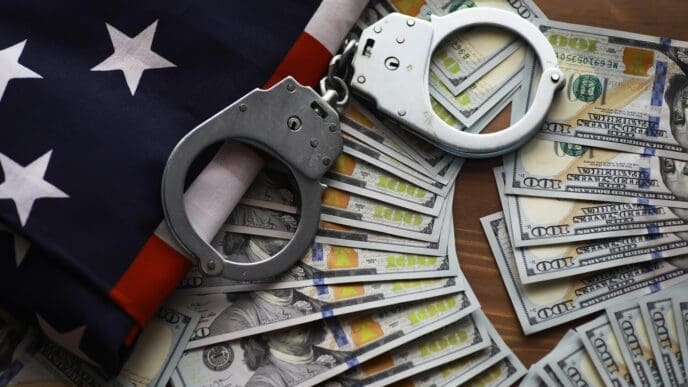 Handcuffs rest on an American flag and a stack of dollar bills, representing crime and punishment in the United States.