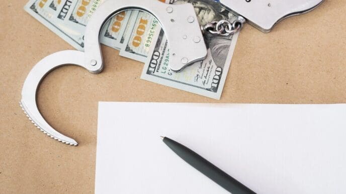 Handcuffs rest on a surface beside a stack of US dollar bills, a blank sheet of paper, and a pen.