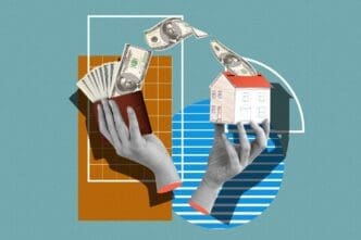 Collage features hands interacting with various denominations of money.