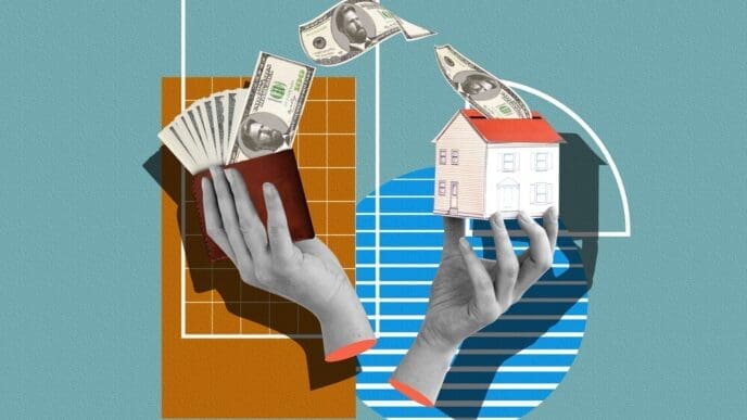 Collage features hands interacting with various denominations of money.
