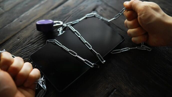 Hands bound with chains and a padlock encircling a smartphone, symbolizing digital addiction or security.
