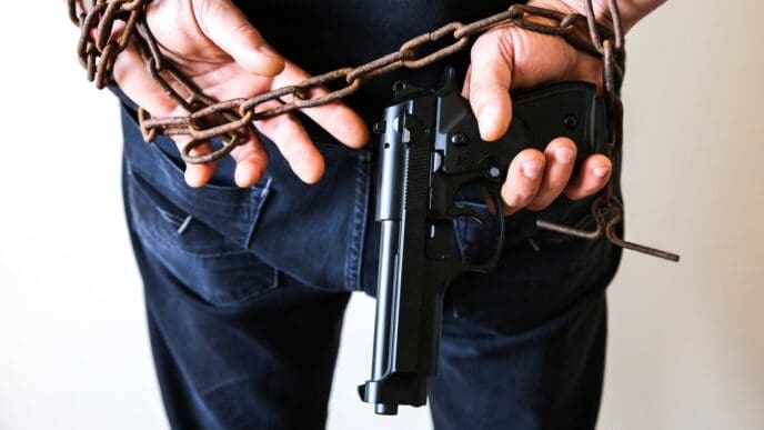 Hands restrained in rusty chains holding a handgun, depicting a criminal arrest.