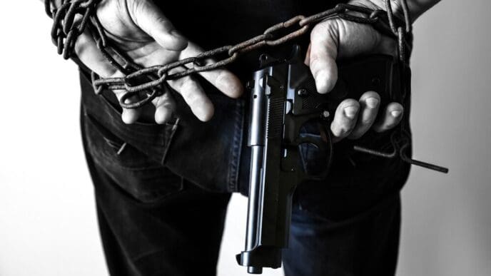 Hands bound in rusty chains holding a gun, depicting a person arrested for a crime.