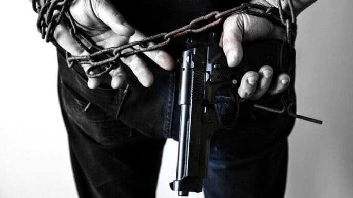 Hands bound in rusty chains holding a gun, depicting a criminal's arrest.
