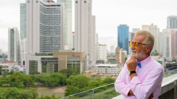 A senior man with a beard explores a city street in Bangkok, Thailand.