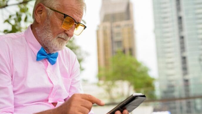 A senior man with a beard explores a city in Bangkok, Thailand.