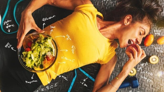 A smiling woman eats a healthy snack while training in a gym.