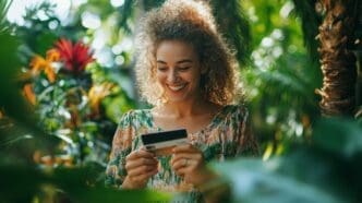 A smiling woman shops for eco-friendly products, happily using sustainable payment methods.