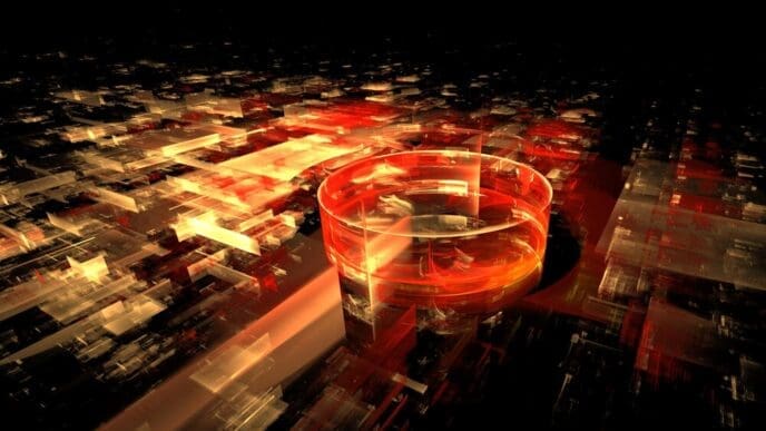 A blurry, abstract 3D rendering depicts a data center interior with polygonal geometric shapes and server equipment.