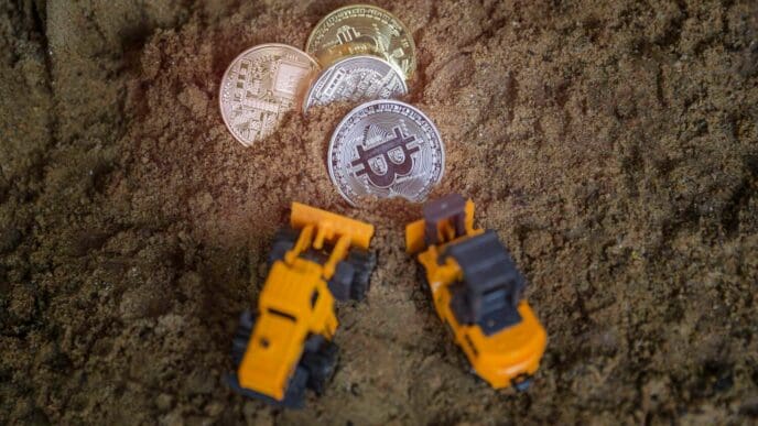 High-angle shot of a collection of Bitcoin cryptocurrency coins and toy trucks arranged on dirt.