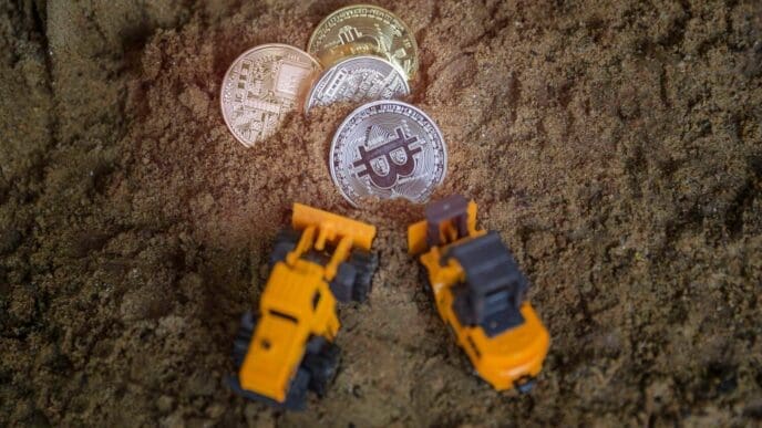 High-angle shot of a collection of Bitcoin cryptocurrency coins and toy trucks arranged on dirt.
